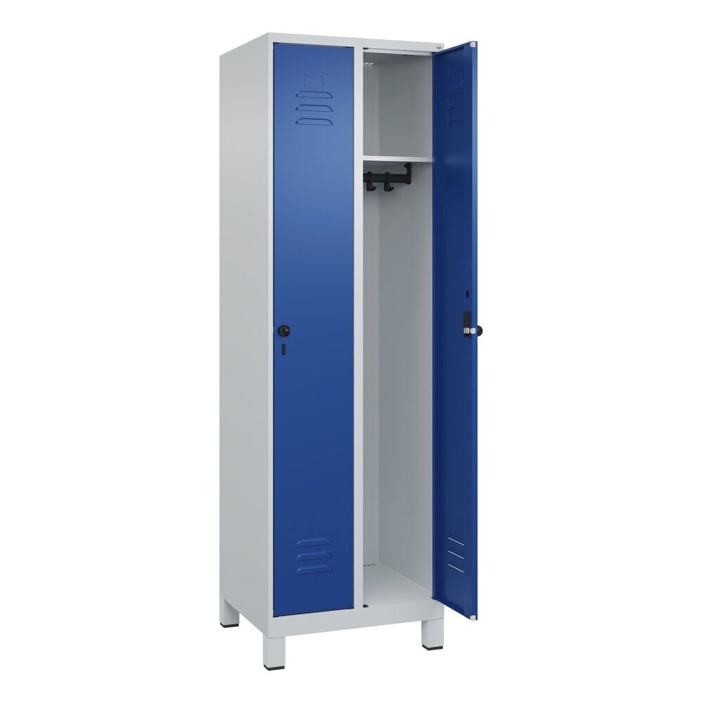 Spind Classic PLUS, 2 Abteile, lichtgrau / enzianblau, B 600 mm, mit Füßen, Drehriegel C+P