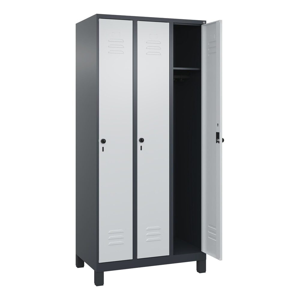 C+P Spind Classic PLUS, Füsse, 3 Abteile, HxBxT 1.950 x 900 x 500 mm, anthrazitgrau, lichtgrau, für Vorhängeschloss, ohne Mitteltrennwand