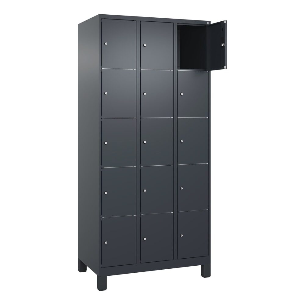 C+P Schliessfachschrank Classic PLUS, Füsse, 3 Abteile, HxBxT 1.950 x 900 x 500 mm, anthrazitgrau, anthrazitgrau, 15 Fächer, Zylinderschloss