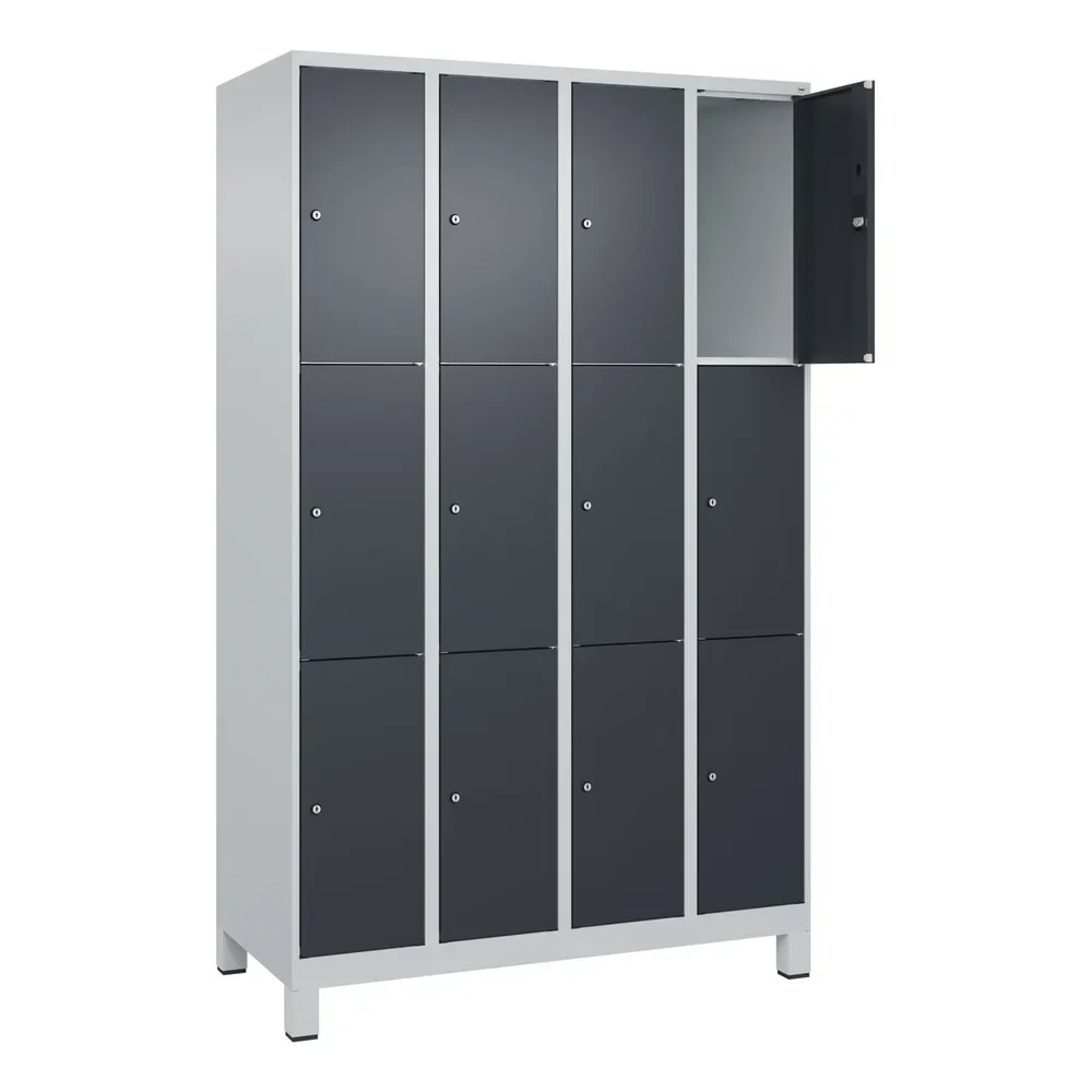 3er-Schließfachschrank Classic PLUS, 4 Abteile, lichtgrau / grau, B 1200 mm, 12 Fächer, mit Füßen C+P