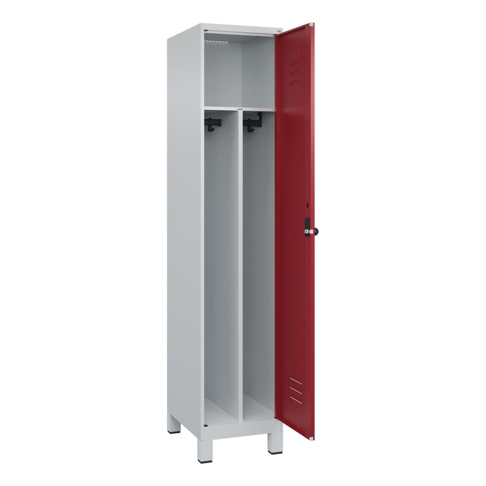 C+P Spind Classic PLUS, Füsse, 1 Abteil, HxBxT 1.950 x 400 x 500 mm, lichtgrau, rubinrot, für Vorhängeschloss, mit Mitteltrennwand