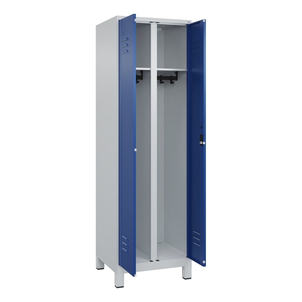 C+P Schwarz-Weiss-Spind Classic PLUS, Füsse, 2 Abteile, HxBxT 1.950 x 600 x 500 mm, lichtgrau, enzianblau, Zylinderschloss