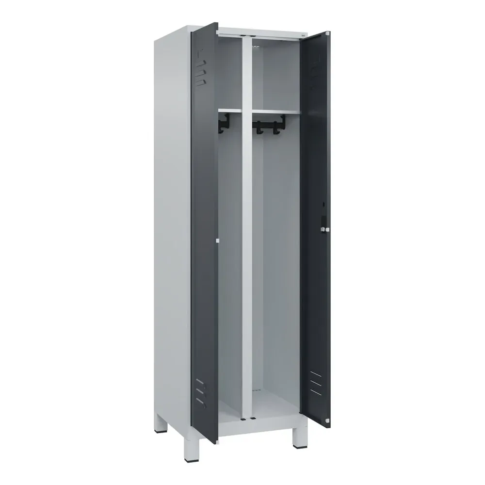 Schwarz-Weiß-Spind Classic PLUS, Trennwand mittig, 1 Abteil, lichtgrau / grau, HxB 1950 x 600 mm, mit Füßen, Zylinderschloss C+P