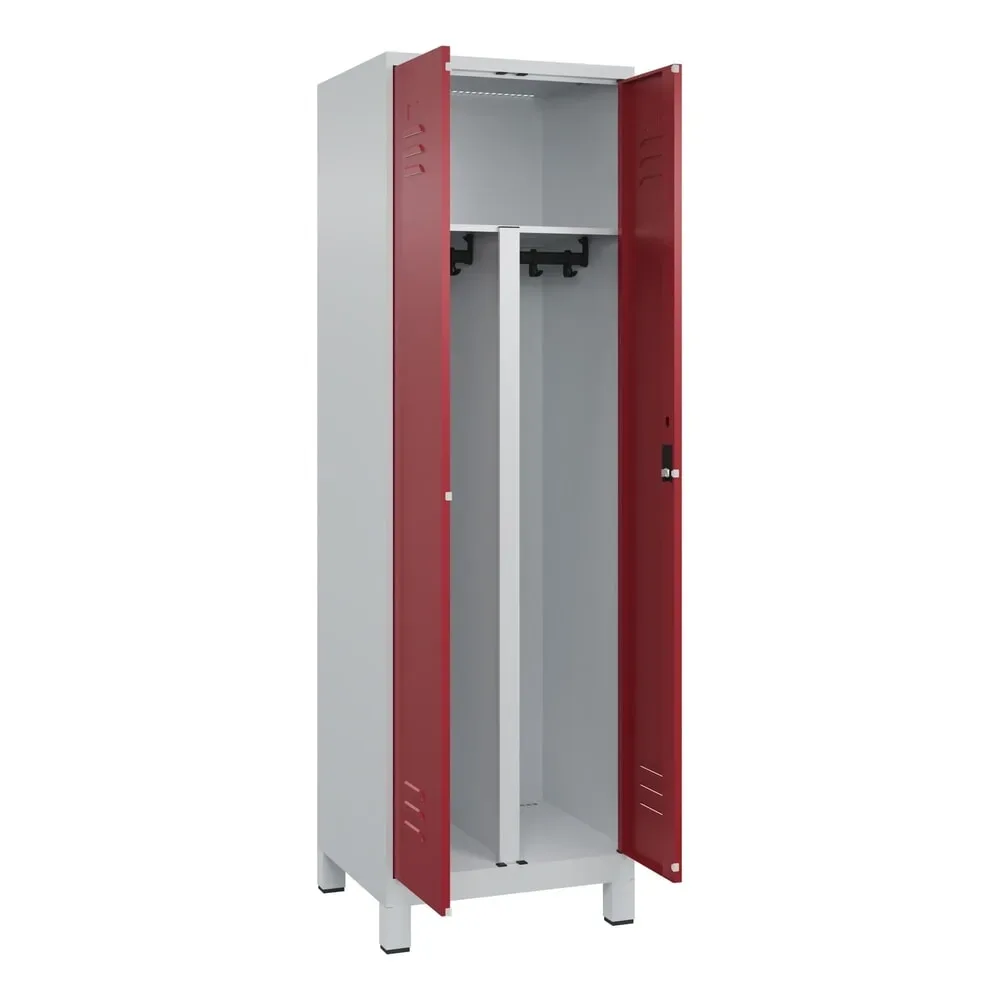 C+P PSA Doppel-Spind Classic PLUS, Füsse, 2 Abteile, HxBxT 1.950 x 600 x 500 mm, lichtgrau, rubinrot, Zylinderschloss