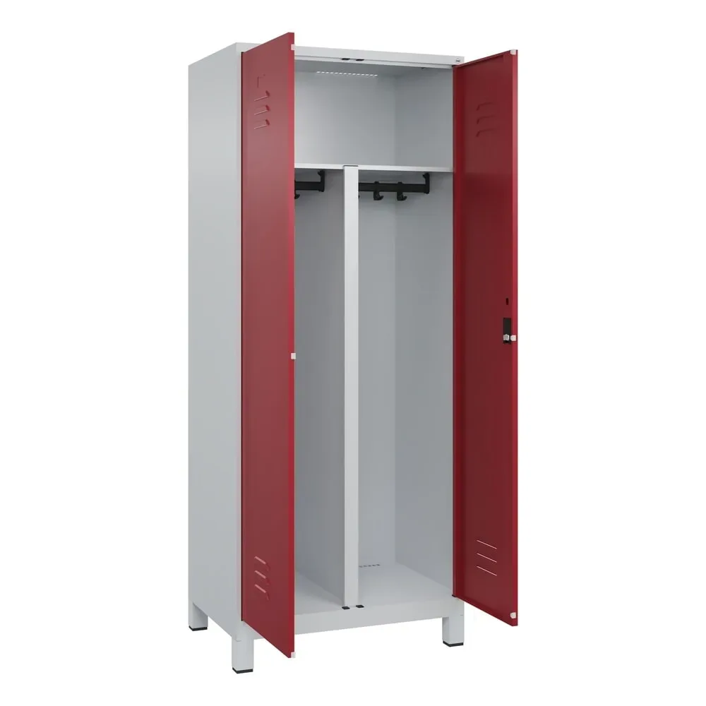C+P PSA Doppel-Spind Classic PLUS, Füsse, 2 Abteile, HxBxT 1.950 x 800 x 500 mm, lichtgrau, rubinrot, Zylinderschloss