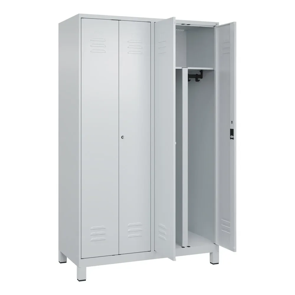 C+P PSA Doppel-Spind Classic PLUS, Füsse, 4 Abteile, HxBxT 1.950 x 1.200 x 500 mm, lichtgrau, lichtgrau, Zylinderschloss