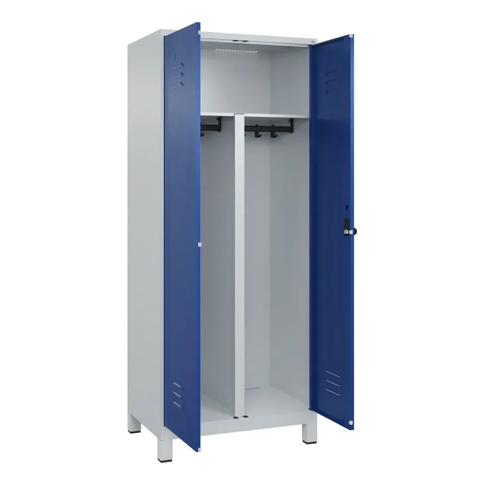 C+P PSA Doppel-Spind Classic PLUS, Füsse, 2 Abteile, HxBxT 1.950 x 800 x 500 mm, lichtgrau, enzianblau, für Vorhängeschloss