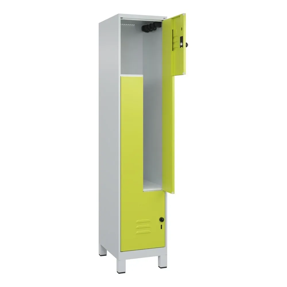 C+P Z-Spind Classic PLUS, Füsse, 2 Abteile, HxBxT 1.950 x 400 x 500 mm, lichtgrau, clowngrün, für Vorhängeschloss
