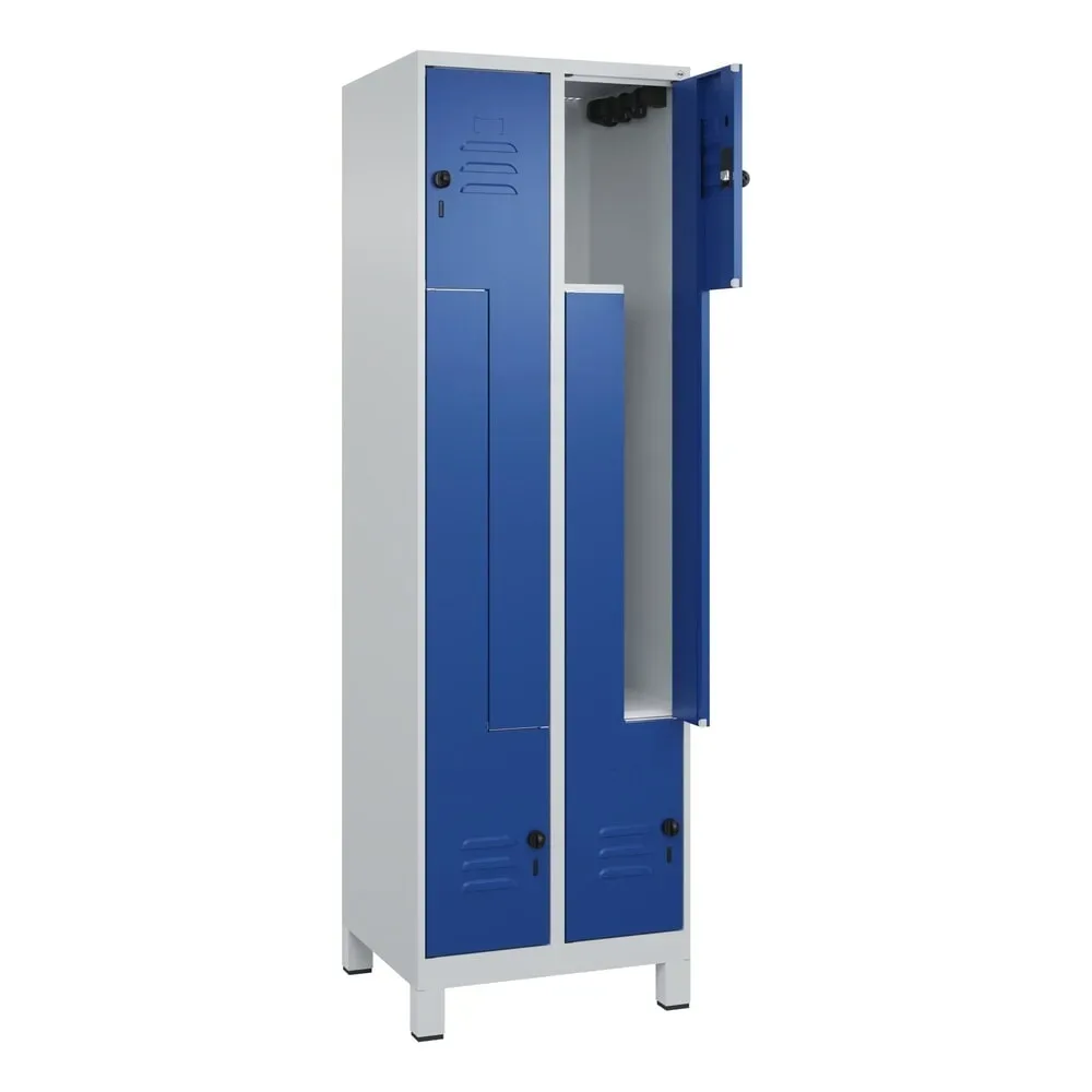 Z-Spind Classic PLUS, 2 Abteile, lichtgrau / enzianblau, B 600 mm, mit Füßen, Drehriegel C+P