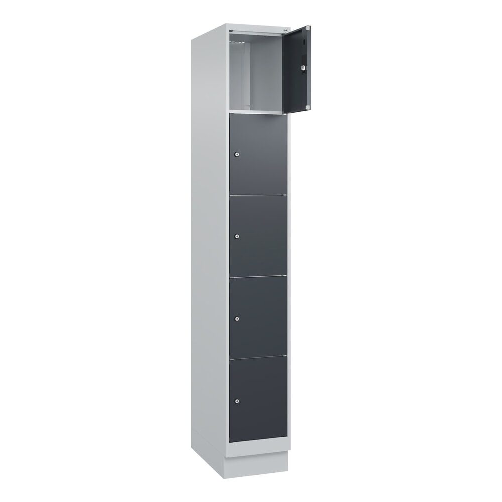 C+P Schliessfachschrank Classic PLUS, Sockel, 1 Abteil, HxBxT 1.950 x 300 x 500 mm, lichtgrau, anthrazitgrau, 5 Fächer, Zylinderschloss