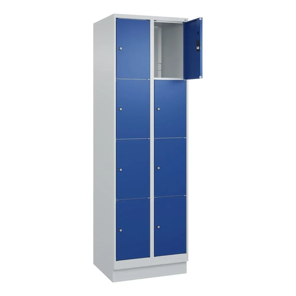 4er-Schließfachschrank Classic PLUS, 2 Abteile, lichtgrau / enzianblau, B 600 mm, 8 Fächer, mit Bodensockel C+P