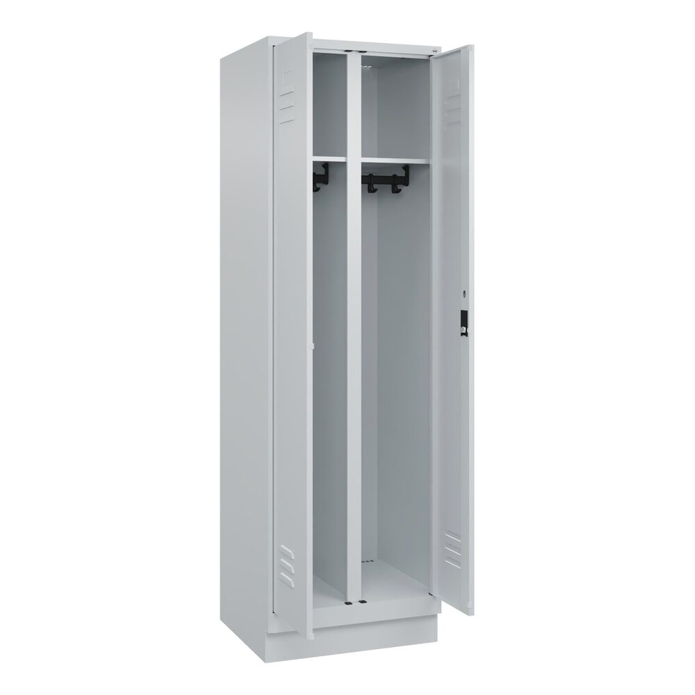 Schwarz-Weiß-Spind Classic PLUS, Trennwand mittig, 1 Abteil, lichtgrau, HxB 1950 x 600 mm, mit Bodensockel, Zylinderschloss C+P