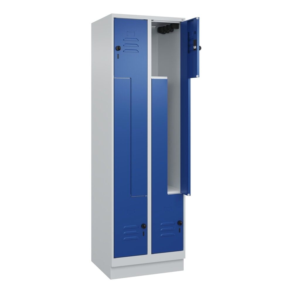 Z-Spind Classic PLUS, 2 Abteile, lichtgrau / enzianblau, B 600 mm, mit Bodensockel, Drehriegel C+P