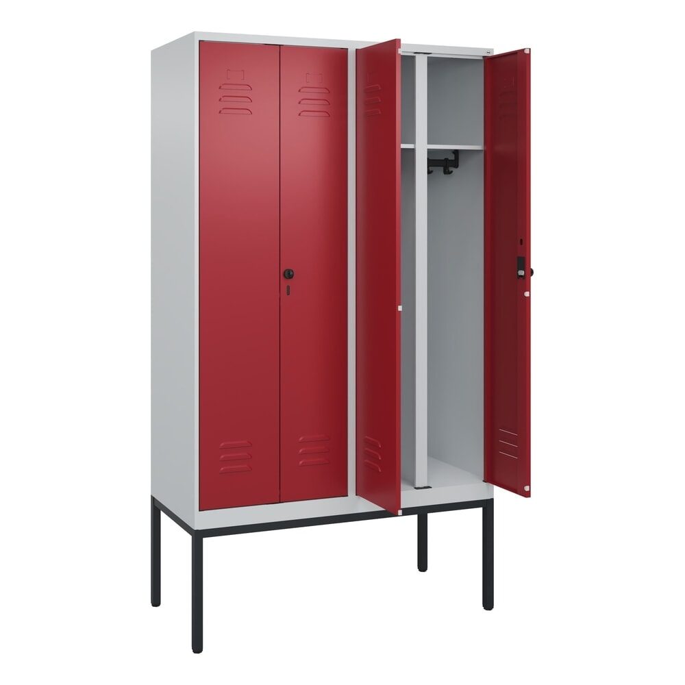 C+P Schwarz-Weiss-Spind Classic PLUS, Gestell, 4 Abteile, HxBxT 2.120 x 1.200 x 500 mm, lichtgrau, rubinrot, für Vorhängeschloss