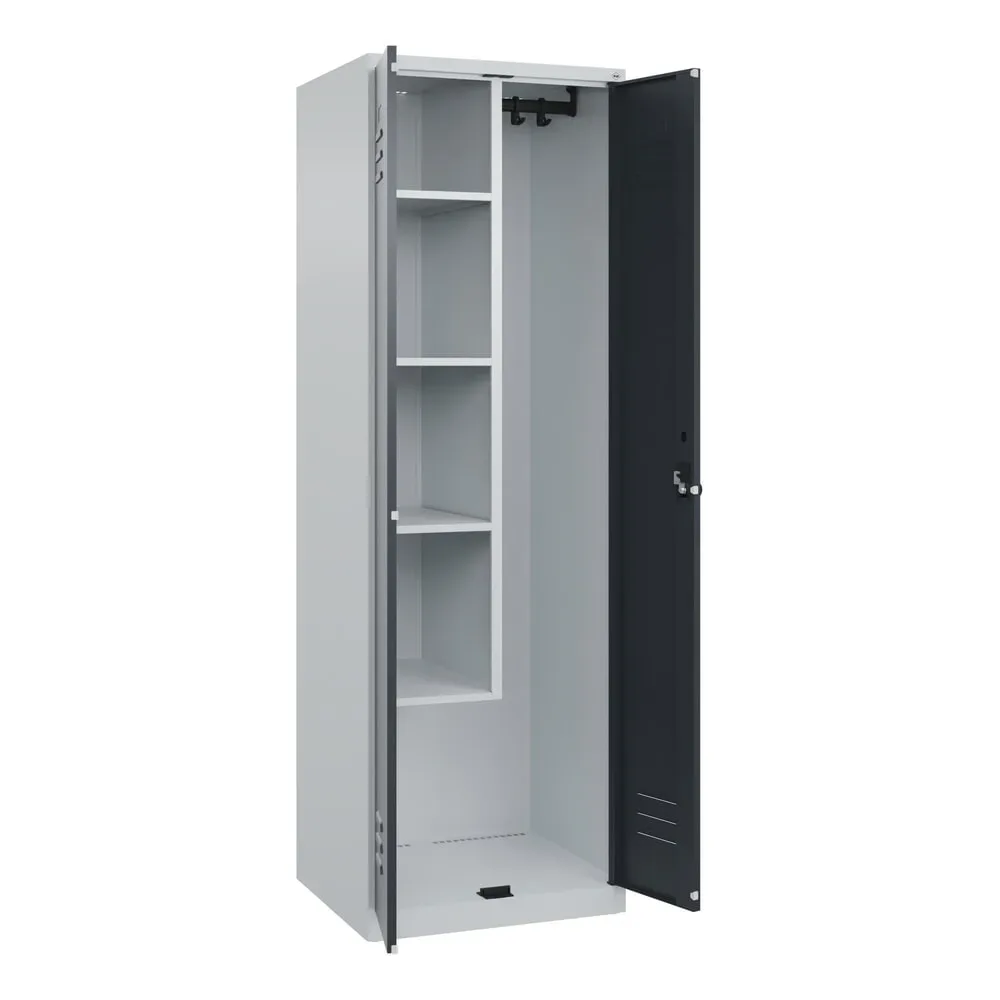 Putzmittelspind Classic PLUS, 1 Abteil, Trennwand mittig, verkürzt, lichtgrau / grau, B 600 mm, mit Bodengleitern, Drehriegel C+P