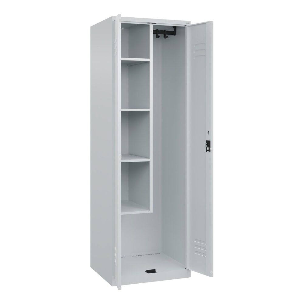 Putzmittelspind Classic PLUS, 1 Abteil, Trennwand mittig, verkürzt, lichtgrau, B 600 mm, mit Bodengleitern, Zylinderschloss C+P