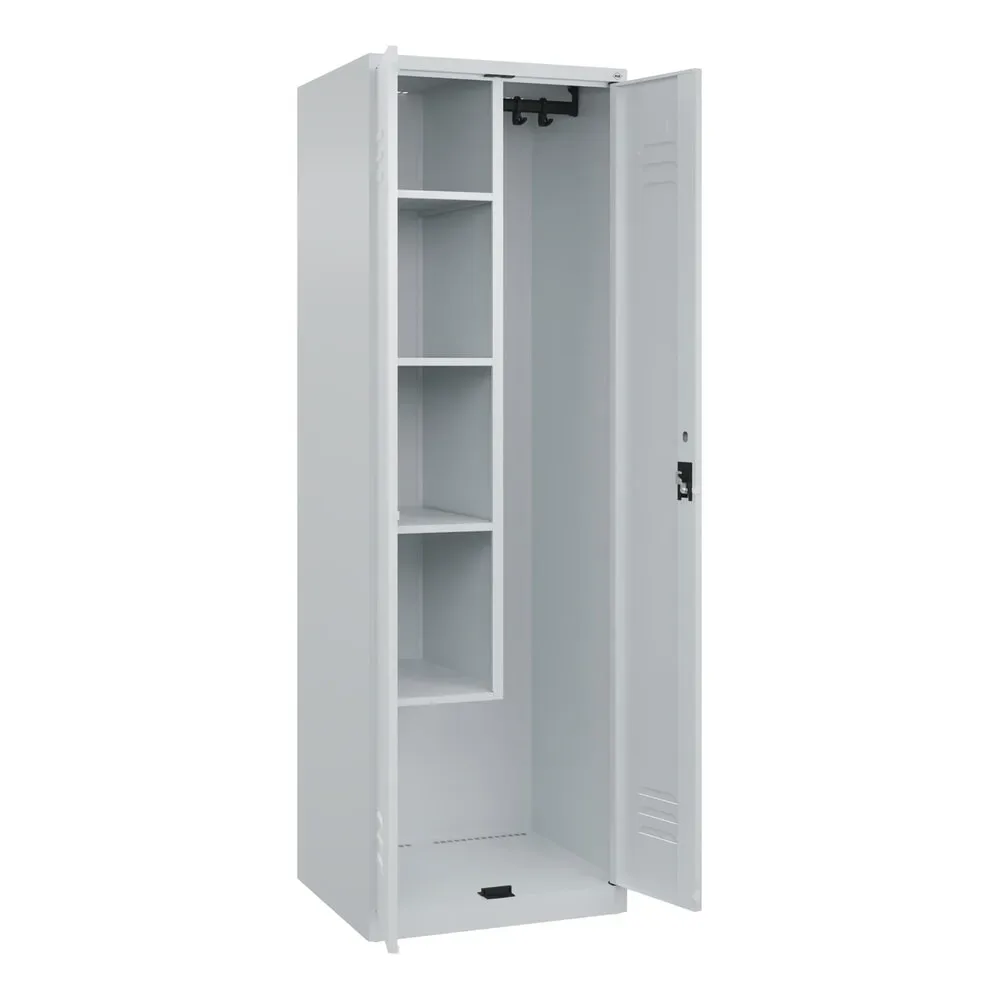 Putzmittelspind Classic PLUS, 1 Abteil, Trennwand mittig, verkürzt, lichtgrau, B 600 mm, mit Bodengleitern, Zylinderschloss C+P