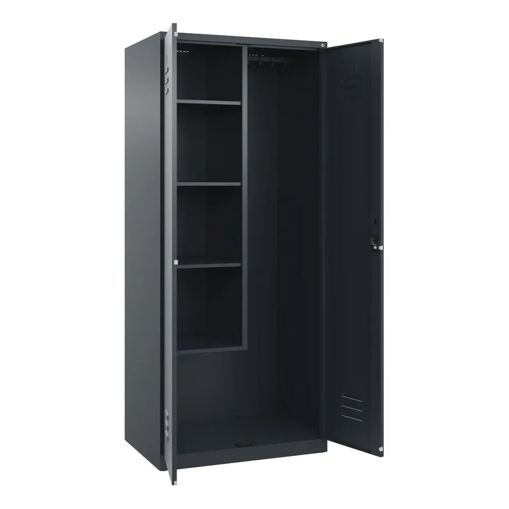 Putzmittelspind Classic PLUS, 1 Abteil, Trennwand mittig, verkürzt, grau, B 800 mm, mit Bodengleitern, Zylinderschloss C+P