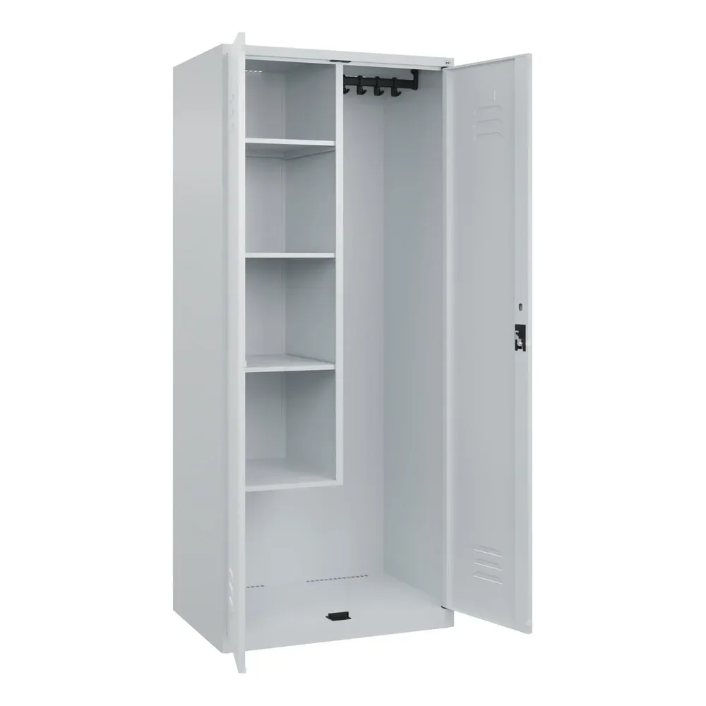 Putzmittelspind Classic PLUS, 1 Abteil, Trennwand mittig, verkürzt, lichtgrau, B 800 mm, mit Bodengleitern, Zylinderschloss C+P