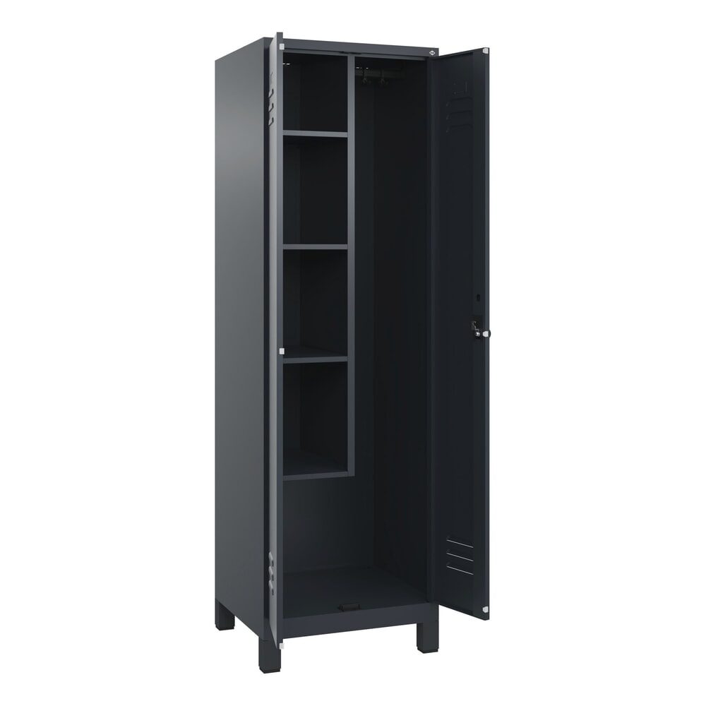Putzmittelspind Classic PLUS, 1 Abteil, Trennwand mittig, verkürzt, grau, B 600 mm, mit Füßen, Drehriegel C+P