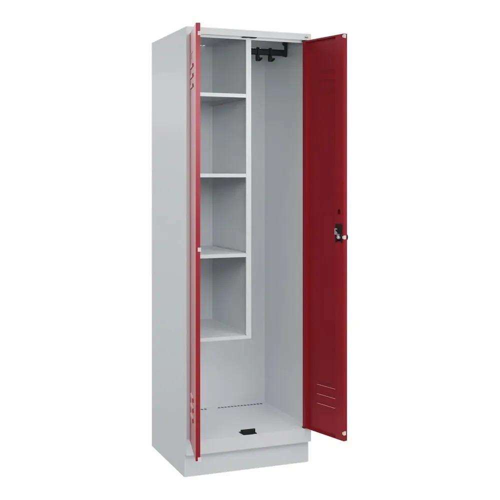 C+P Putzmittel-Spind Classic PLUS, Sockel, 2 Abteile, HxBxT 1.950 x 600 x 500 mm, lichtgrau, rubinrot, für Vorhängeschloss