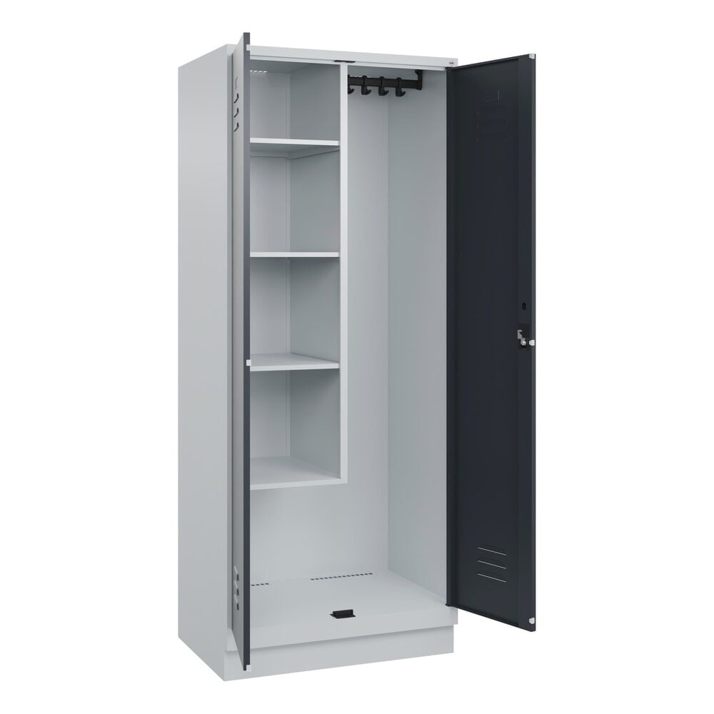 Putzmittelspind Classic PLUS, 1 Abteil, Trennwand mittig, verkürzt, lichtgrau / grau, B 800 mm, mit Bodensockel, Zylinderschloss C+P