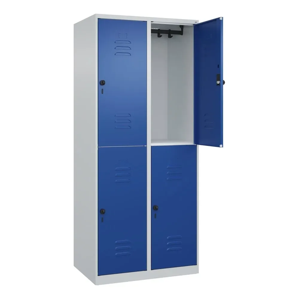 Doppelstock-Spind Classic PLUS, 2 Abteile, lichtgrau / enzianblau, HxB 1850 x 800 mm, mit Bodengleitern, Drehriegel C+P