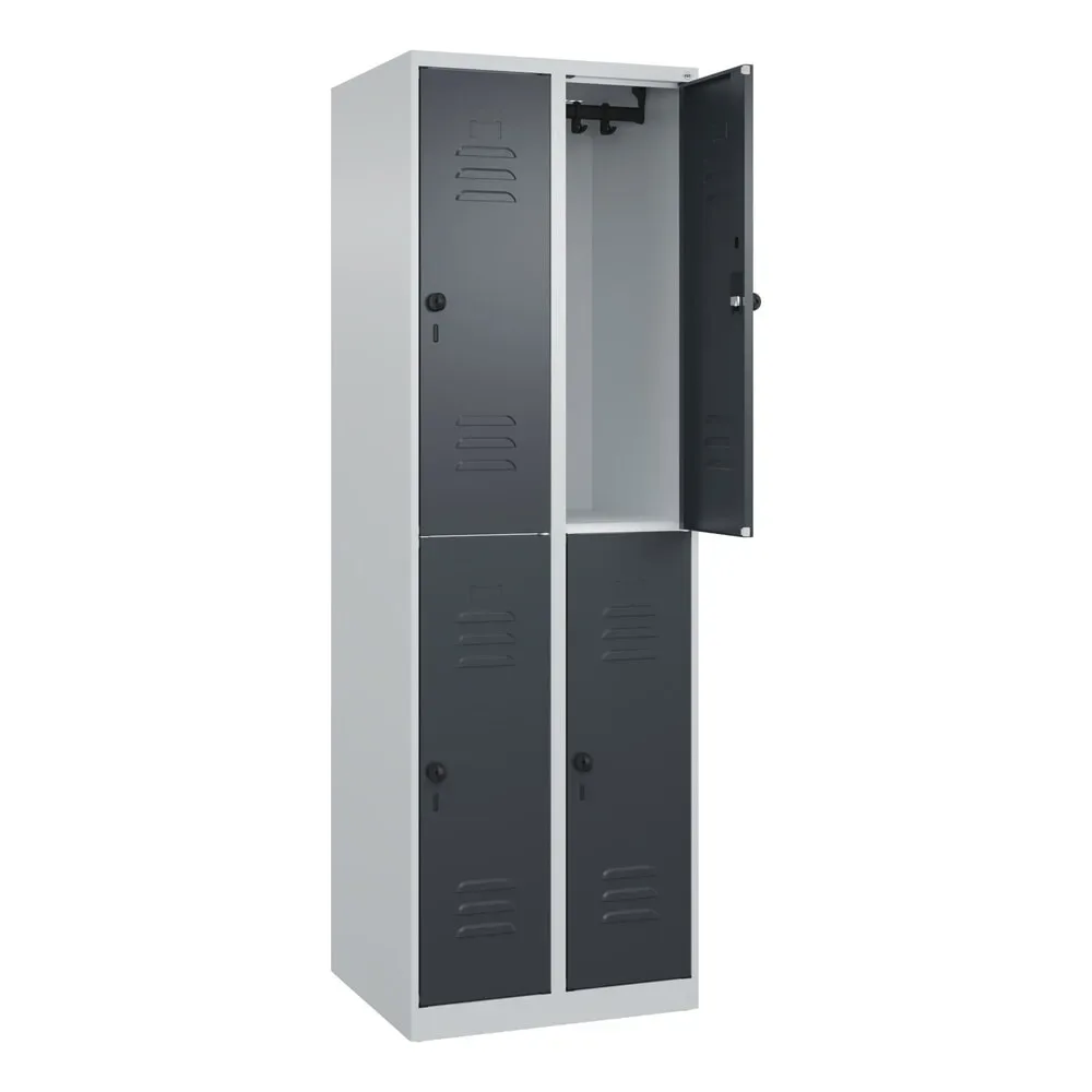 Doppelstock-Spind Classic PLUS, 2 Abteile, lichtgrau / grau, HxB 1850 x 600 mm, mit Bodengleitern, Drehriegel C+P