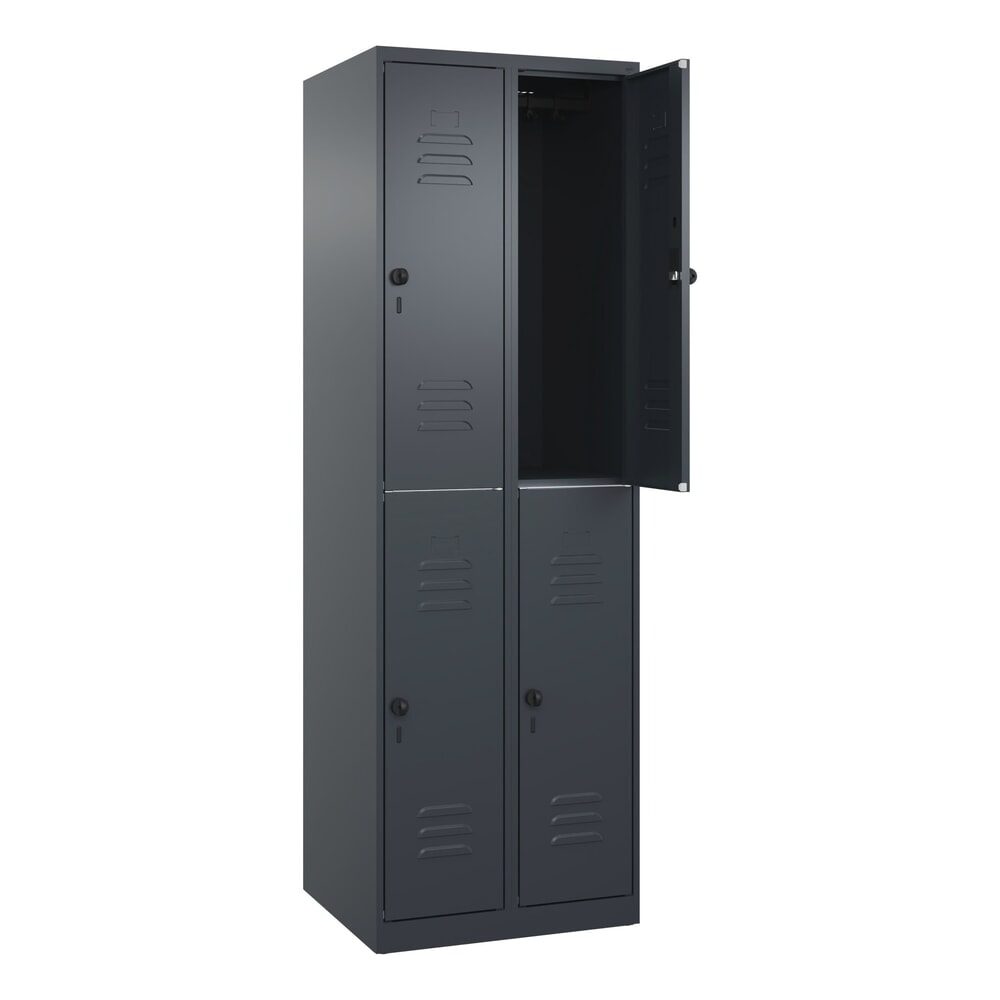 Doppelstock-Spind Classic PLUS, 2 Abteile, grau, HxB 1850 x 600 mm, mit Bodengleitern, Drehriegel C+P