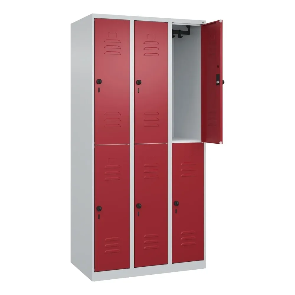 C+P Doppelstock-Spind Classic PLUS, 3 Abteile, HxBxT 1.850 x 900 x 500 mm, lichtgrau, rubinrot, für Vorhängeschloss, 6 Fächer