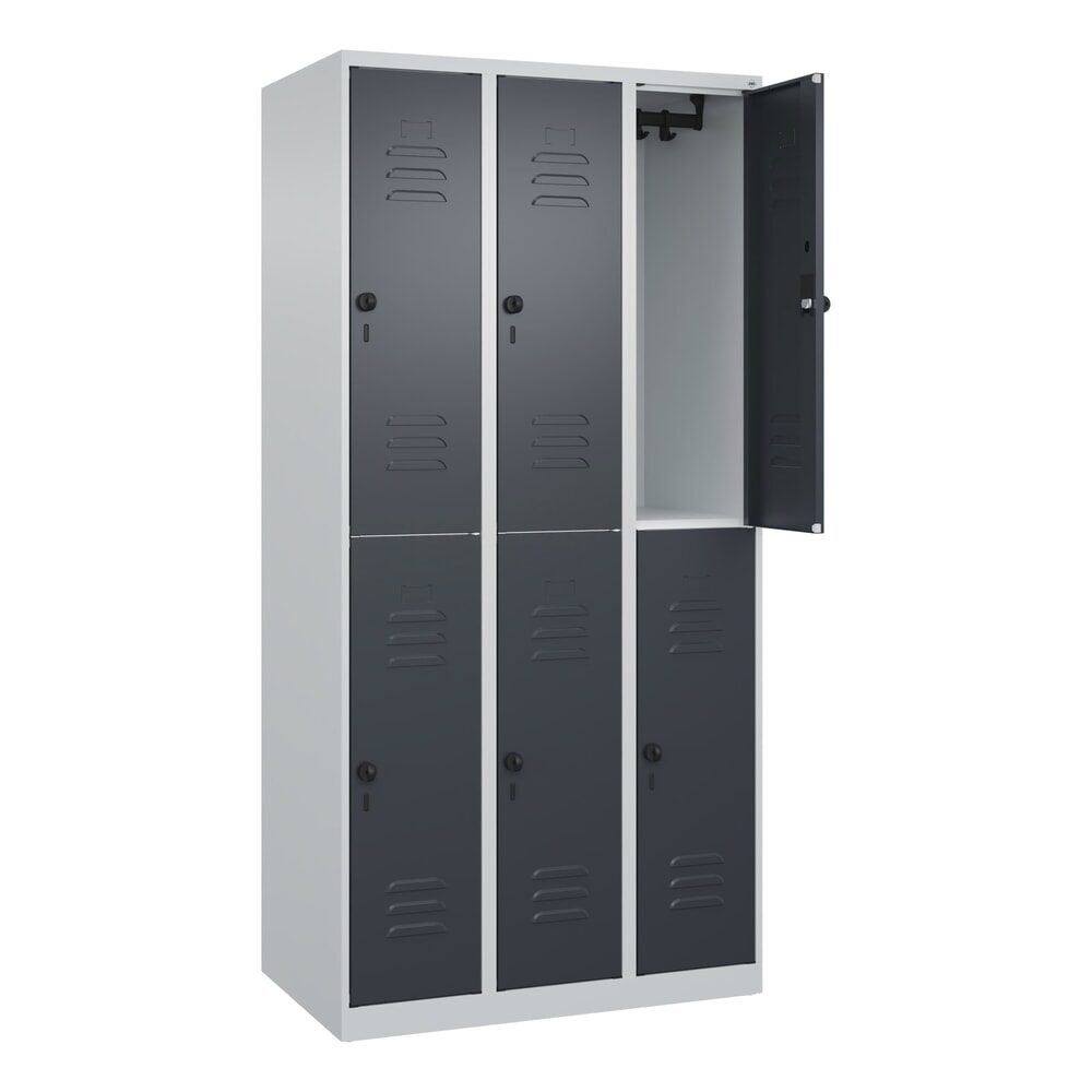 C+P Doppelstock-Spind Classic PLUS, 3 Abteile, HxBxT 1.850 x 900 x 500 mm, lichtgrau, anthrazitgrau, für Vorhängeschloss, 6 Fächer