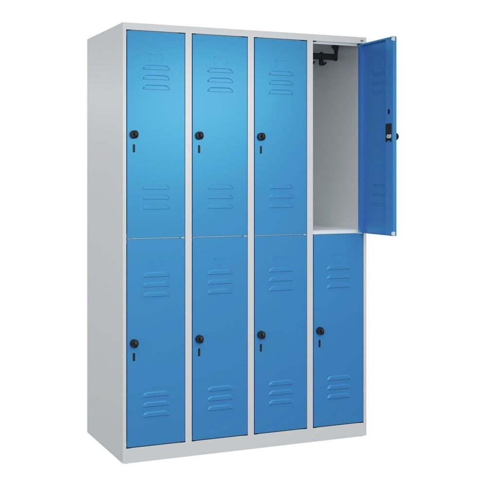 Doppelstock-Spind Classic PLUS, 4 Abteile, lichtgrau / lichtblau, HxB 1850 x 1200 mm, mit Bodengleitern, Drehriegel C+P