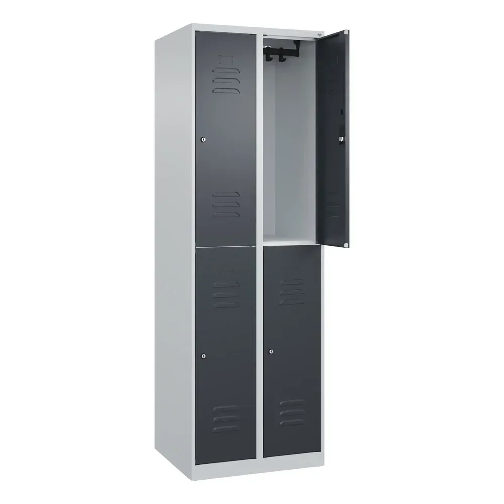 Doppelstock-Spind Classic PLUS, 2 Abteile, lichtgrau / grau, HxB 1850 x 600 mm, mit Bodengleitern, Zylinderschloss C+P