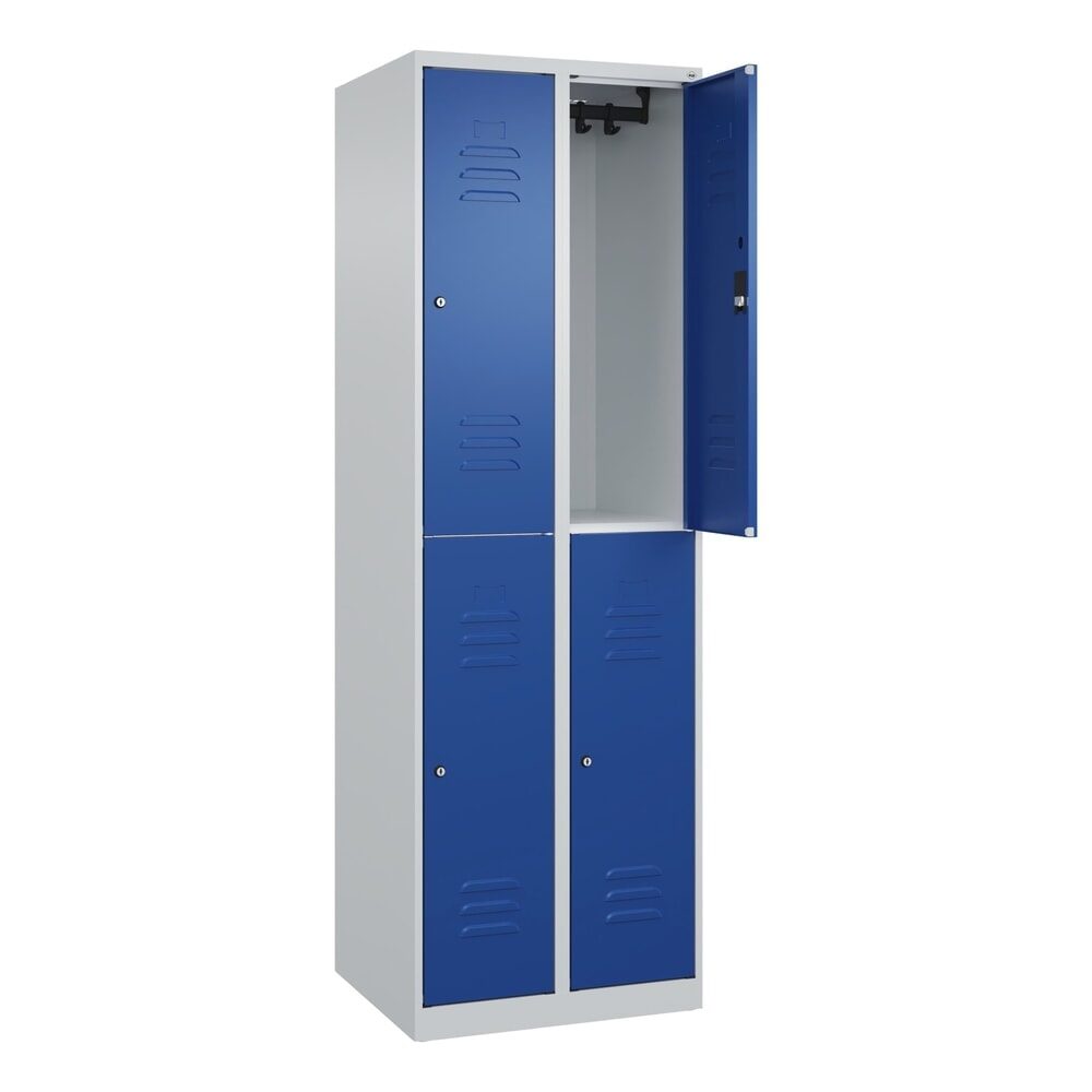 Doppelstock-Spind Classic PLUS, 2 Abteile, lichtgrau / enzianblau, HxB 1850 x 600 mm, mit Bodengleitern, Zylinderschloss C+P