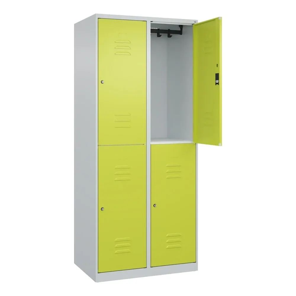 C+P Doppelstock-Spind Classic PLUS, 2 Abteile, HxBxT 1.850 x 800 x 500 mm, lichtgrau, clowngrün, Zylinderschloss, 4 Fächer