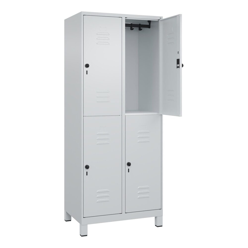 Doppelstock-Spind Classic PLUS, 2 Abteile, lichtgrau, HxB 1950 x 800 mm, mit Füßen, Drehriegel C+P