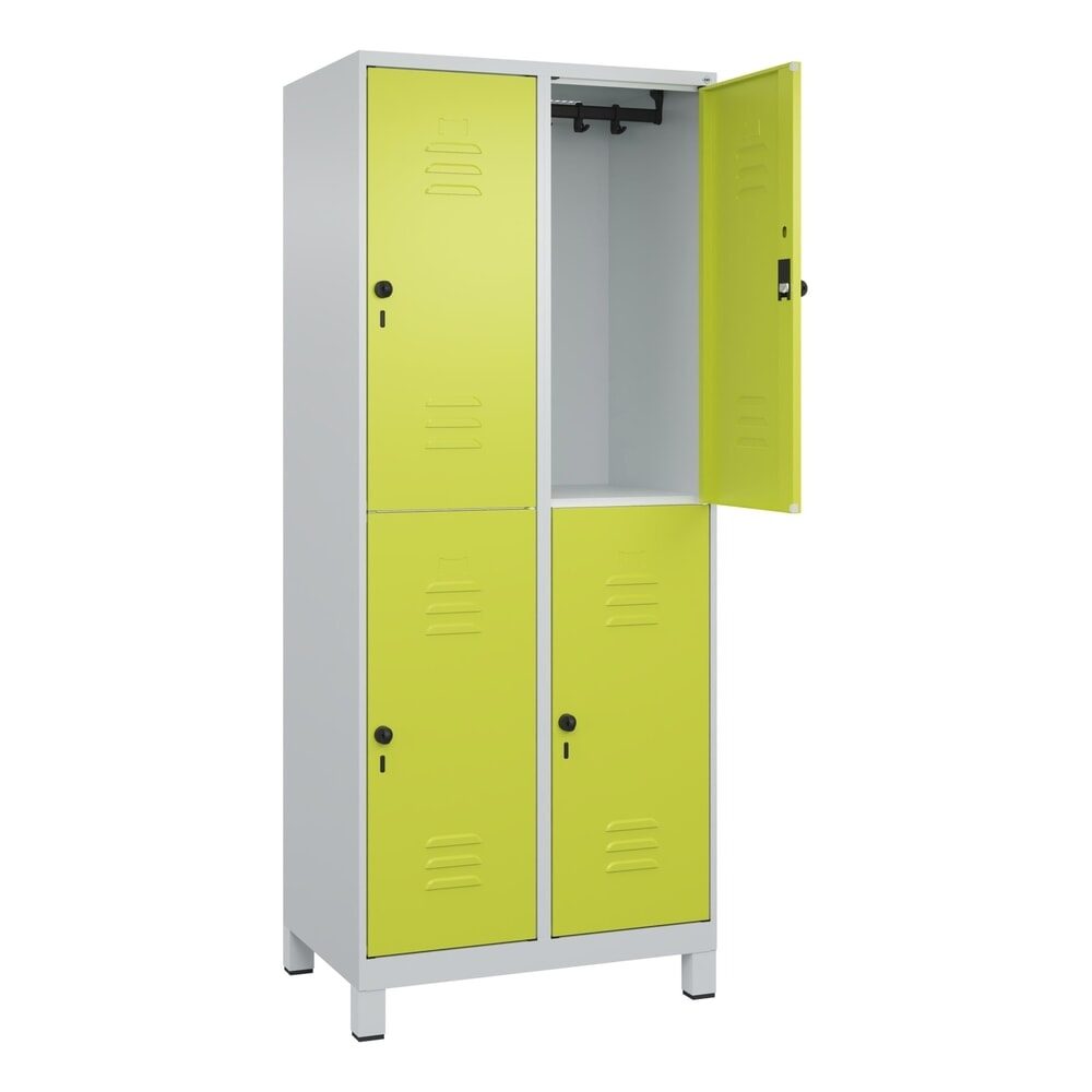 C+P Doppelstock-Spind Classic PLUS, Füsse, 2 Abteile, HxBxT 1.950 x 800 x 500 mm, lichtgrau, clowngrün, 4 Fächer, für Vorhängeschloss