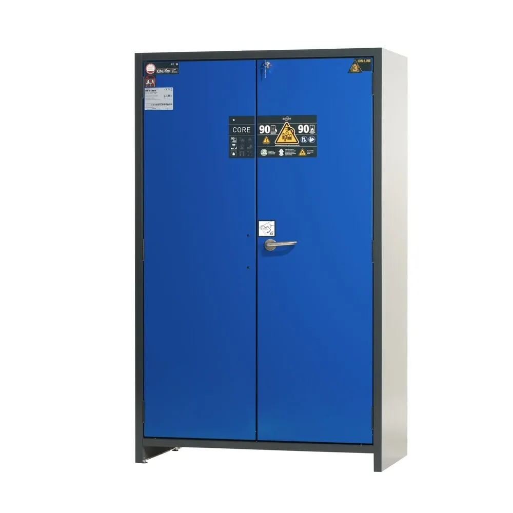 Asecos Akku-Lagerschrank ION-CORE-90 CS 1200, 3 Fachböden gelocht + 1 Bodenauffangwanne, B 1193 x T 615 x H 1953 mm