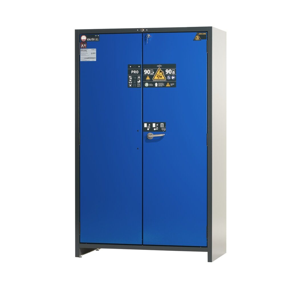 asecos® Akku-Sicherheitsschrank Typ 90 für Lithium-Ionen-Batterien ION-PRO-STORE, HxBxT 1.953 x 1.193 x 615 mm, 3x isolierte Fachböden, 1x Bodenauffangwanne