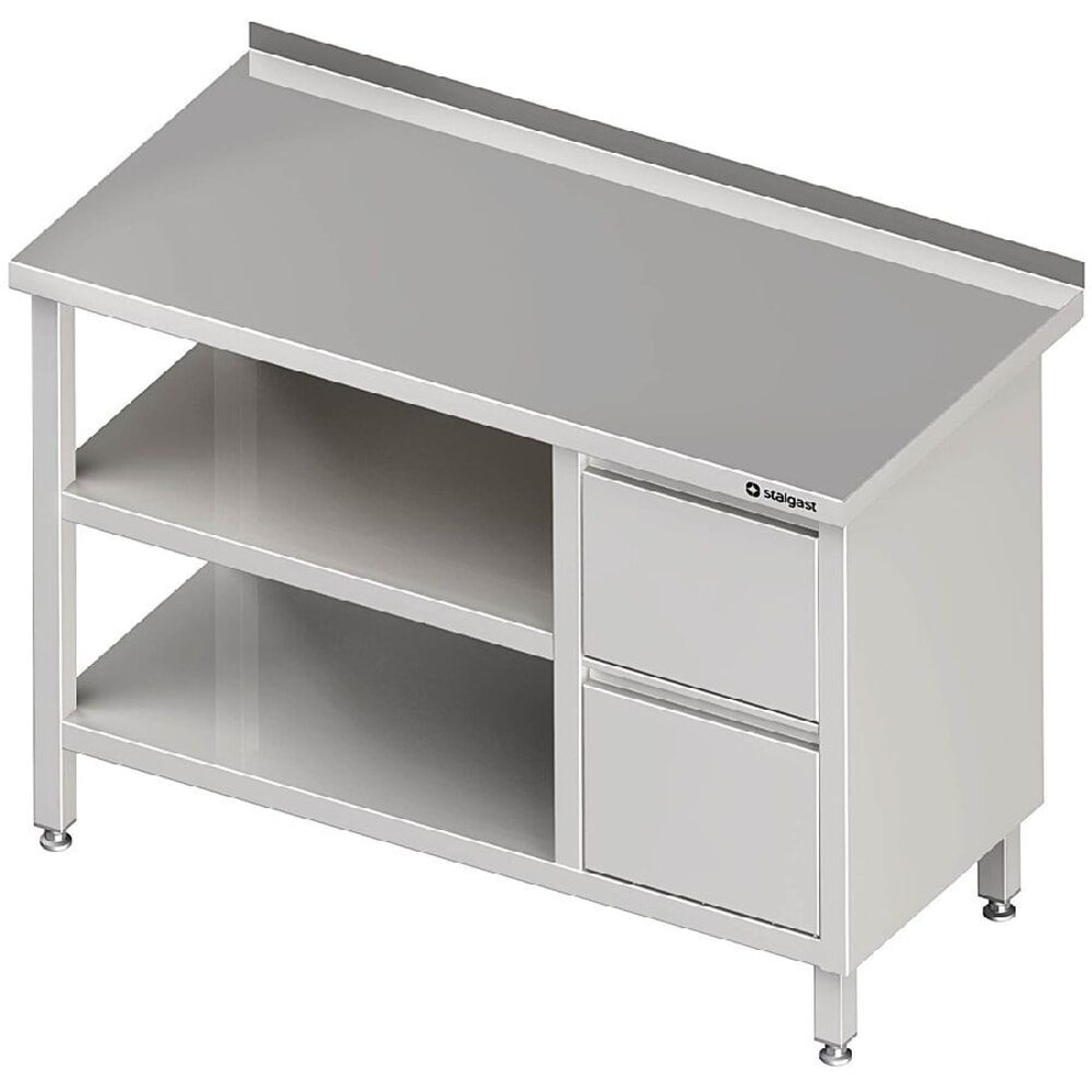 Stalgast Arbeitstisch mit Grund- und Zwischenboden, 1100x700x850 mm, mit 2er Schubladenblock rechts, ohne Aufkantung, verschweisst