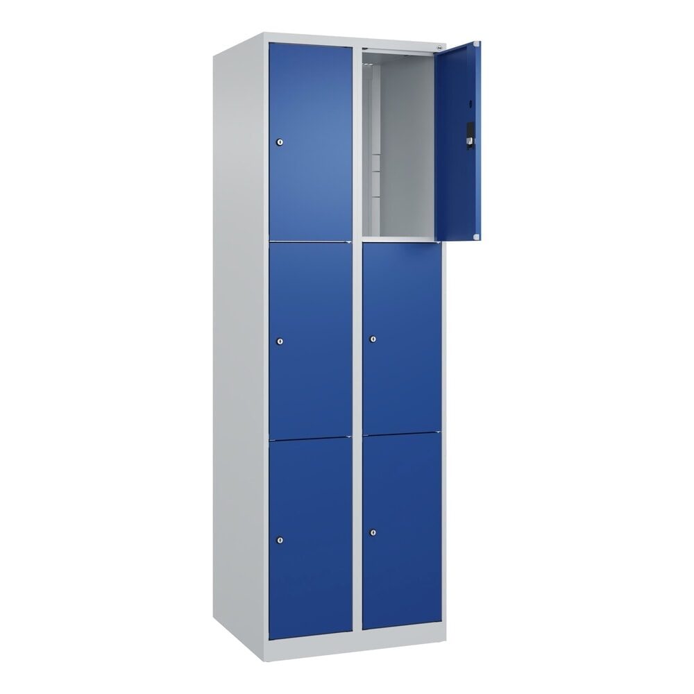 3er-Schließfachschrank Classic PLUS, 2 Abteile, lichtgrau / enzianblau, B 600 mm, 6 Fächer, mit Bodengleitern C+P