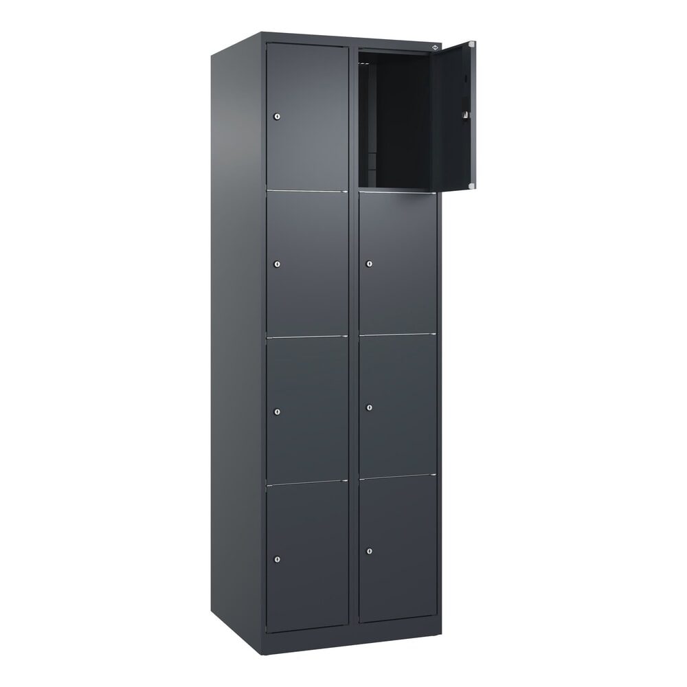 4er-Schließfachschrank Classic PLUS, 2 Abteile, grau, B 600 mm, 8 Fächer, mit Bodengleitern C+P