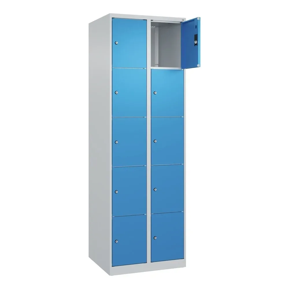 5er-Schließfachschrank Classic PLUS, 2 Abteile, lichtgrau / lichtblau, B 600 mm, 10 Fächer, mit Bodengleitern C+P