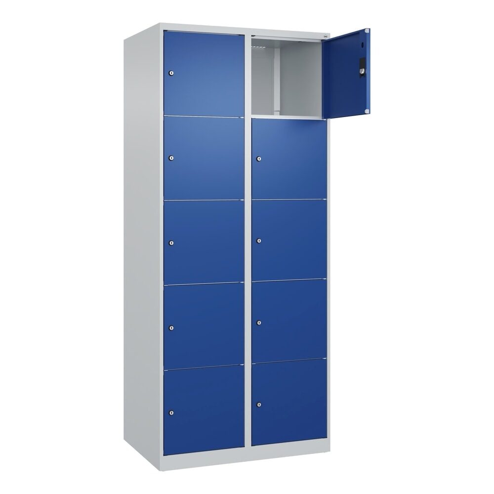 5er-Schließfachschrank Classic PLUS, 2 Abteile, lichtgrau / enzianblau, B 800 mm, 10 Fächer, mit Bodengleitern C+P