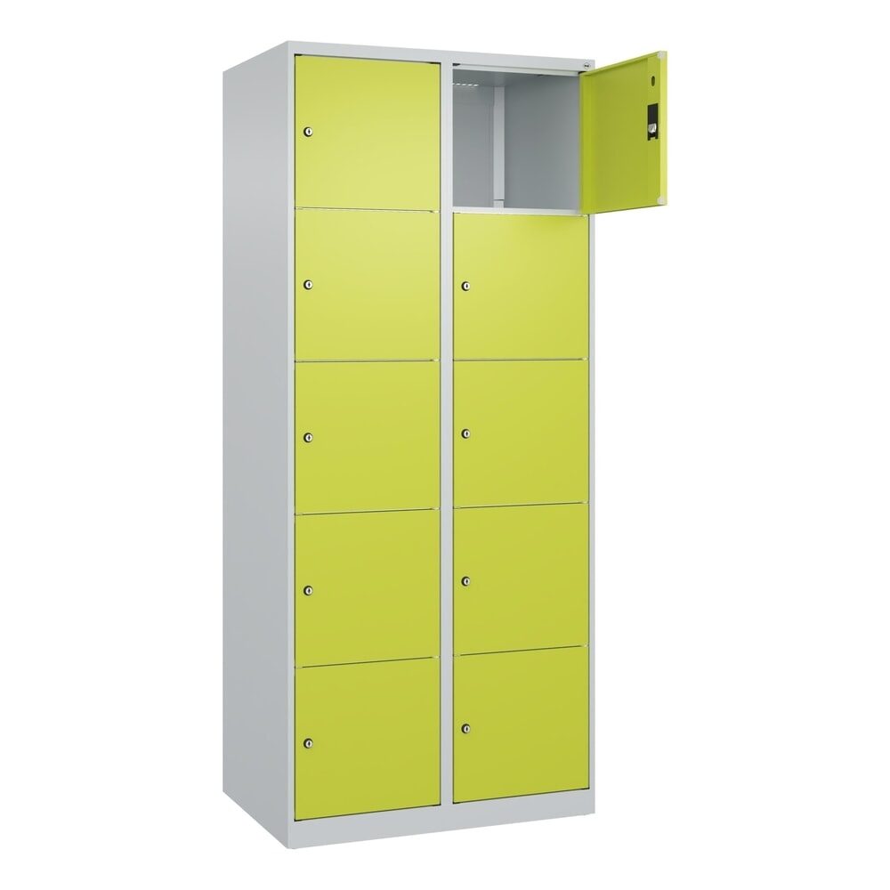 C+P Schliessfachschrank Classic PLUS, 2 Abteile, HxBxT 1.850 x 800 x 500 mm, lichtgrau, clowngrün, 10 Fächer, Zylinderschloss