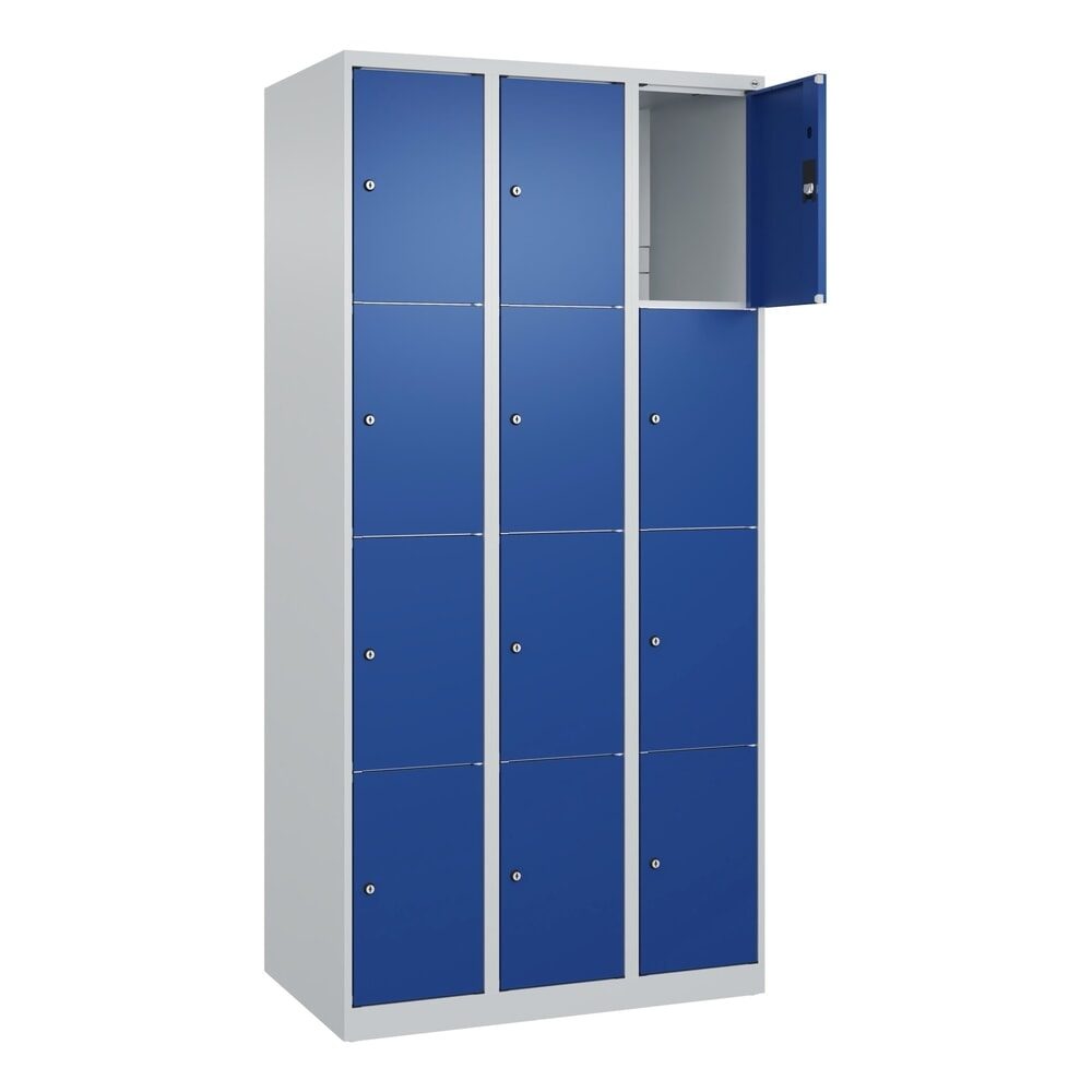 4er-Schließfachschrank Classic PLUS, 3 Abteile, lichtgrau / enzianblau, B 900 mm, 12 Fächer, mit Bodengleitern C+P