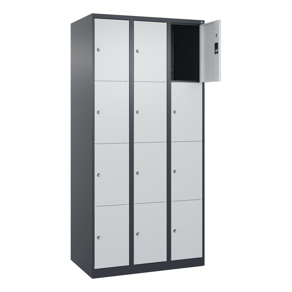 C+P Schliessfachschrank Classic PLUS, 3 Abteile, HxBxT 1.850 x 900 x 500 mm, anthrazitgrau, lichtgrau, 12 Fächer, Zylinderschloss