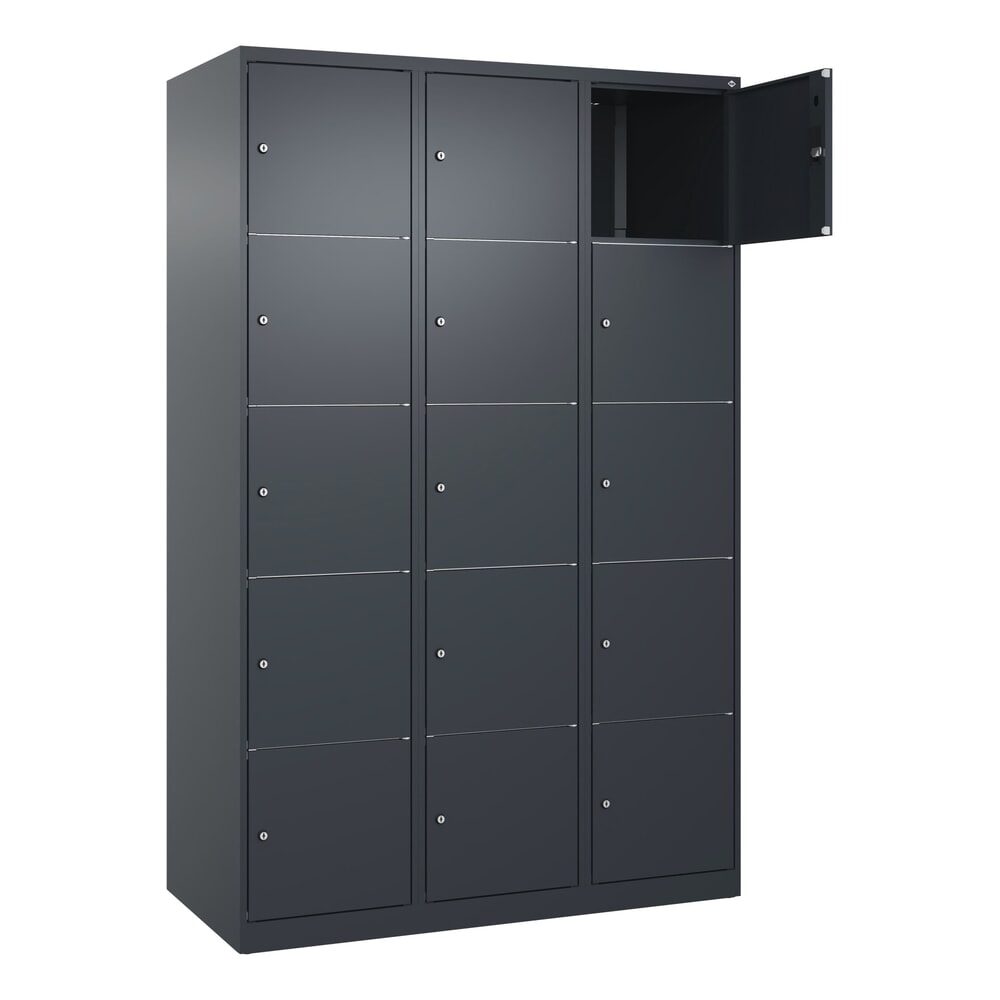 5er-Schließfachschrank Classic PLUS, 3 Abteile, grau, B 1200 mm, 15 Fächer, mit Bodengleitern C+P