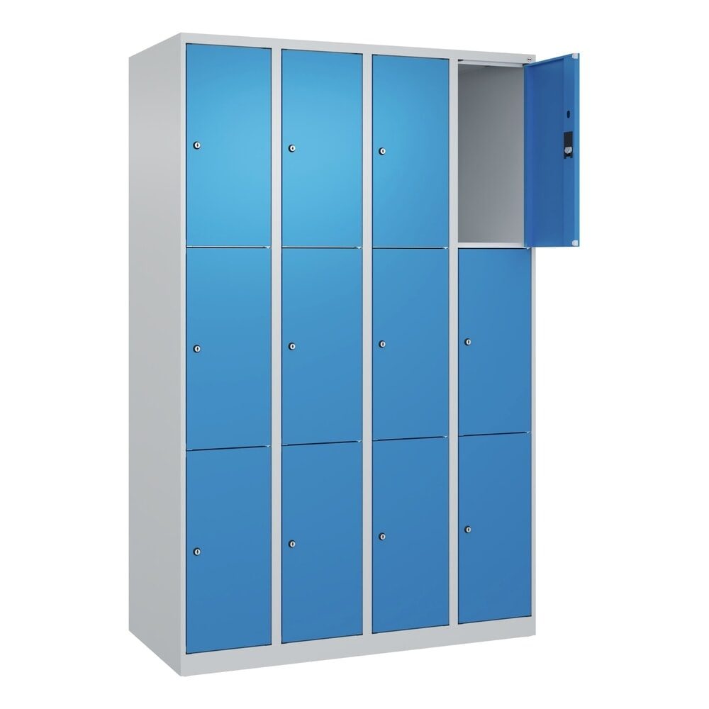 3er-Schließfachschrank Classic PLUS, 4 Abteile, lichtgrau / lichtblau, B 1200 mm, 12 Fächer, mit Bodengleitern C+P