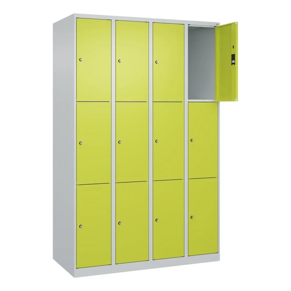 C+P Schliessfachschrank Classic PLUS, 4 Abteile, HxBxT 1.850 x 1.200 x 500 mm, lichtgrau, clowngrün, 12 Fächer, Zylinderschloss